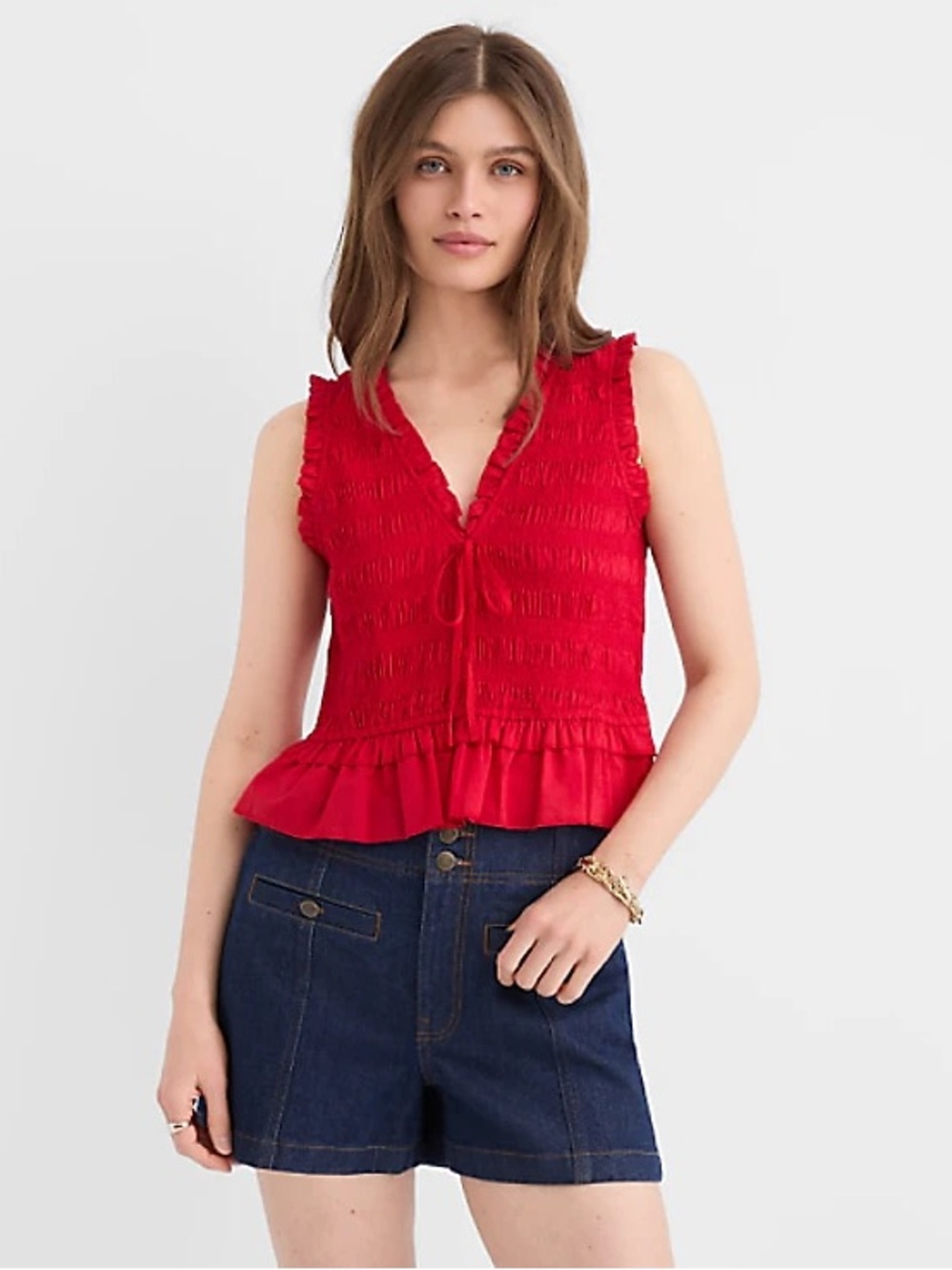 LOFT Red Smocked V-Neck Peplum Tank